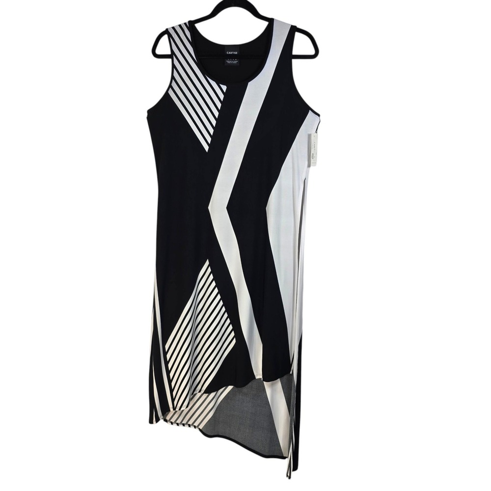 Cartise Womens Black White Geometric Asymmetrical High Low Midi Dress Size 8 NEW